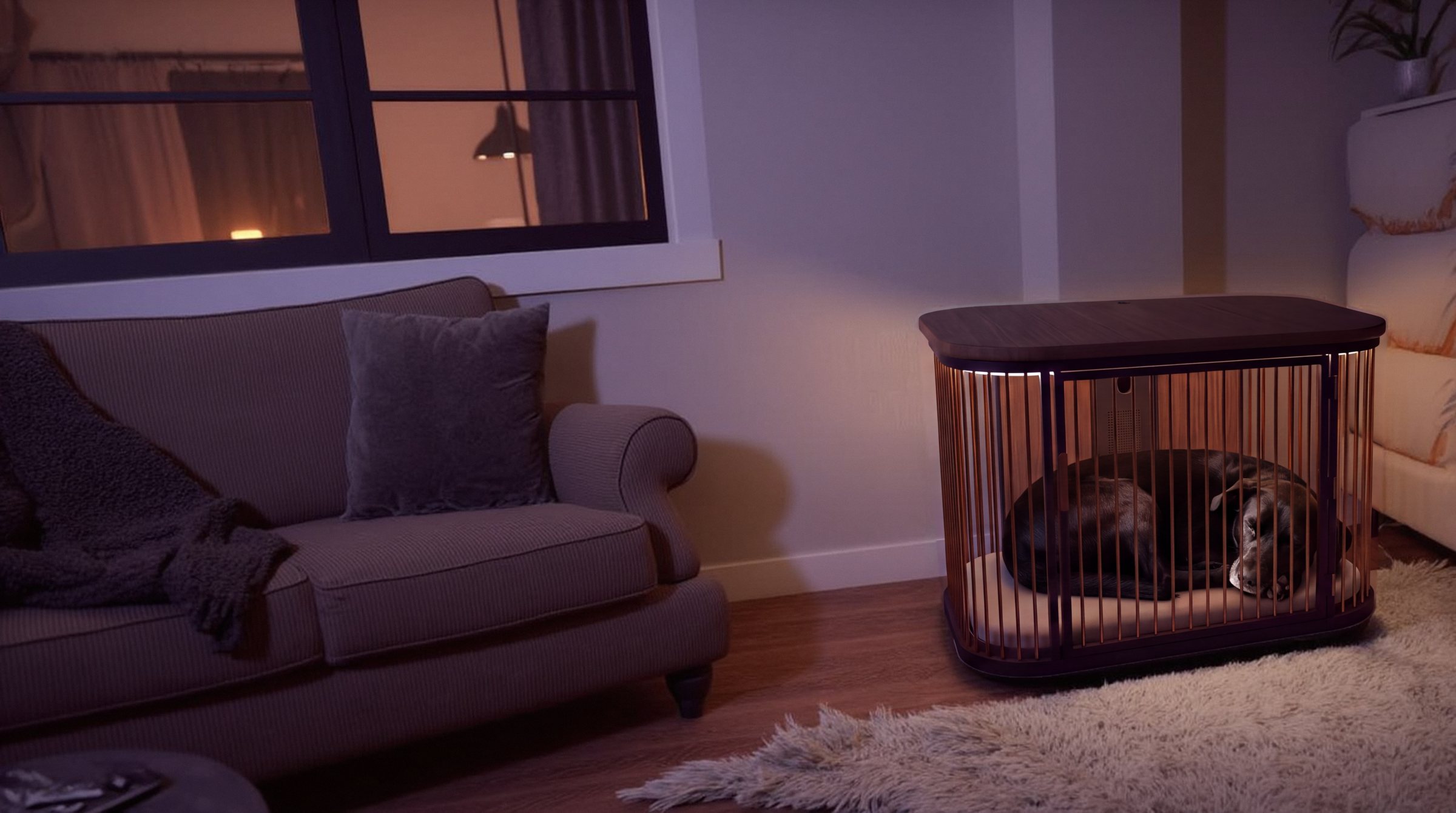 At night a black Lab mix sleeps in Koja, lit by the crate's soft night light, in a dark living room