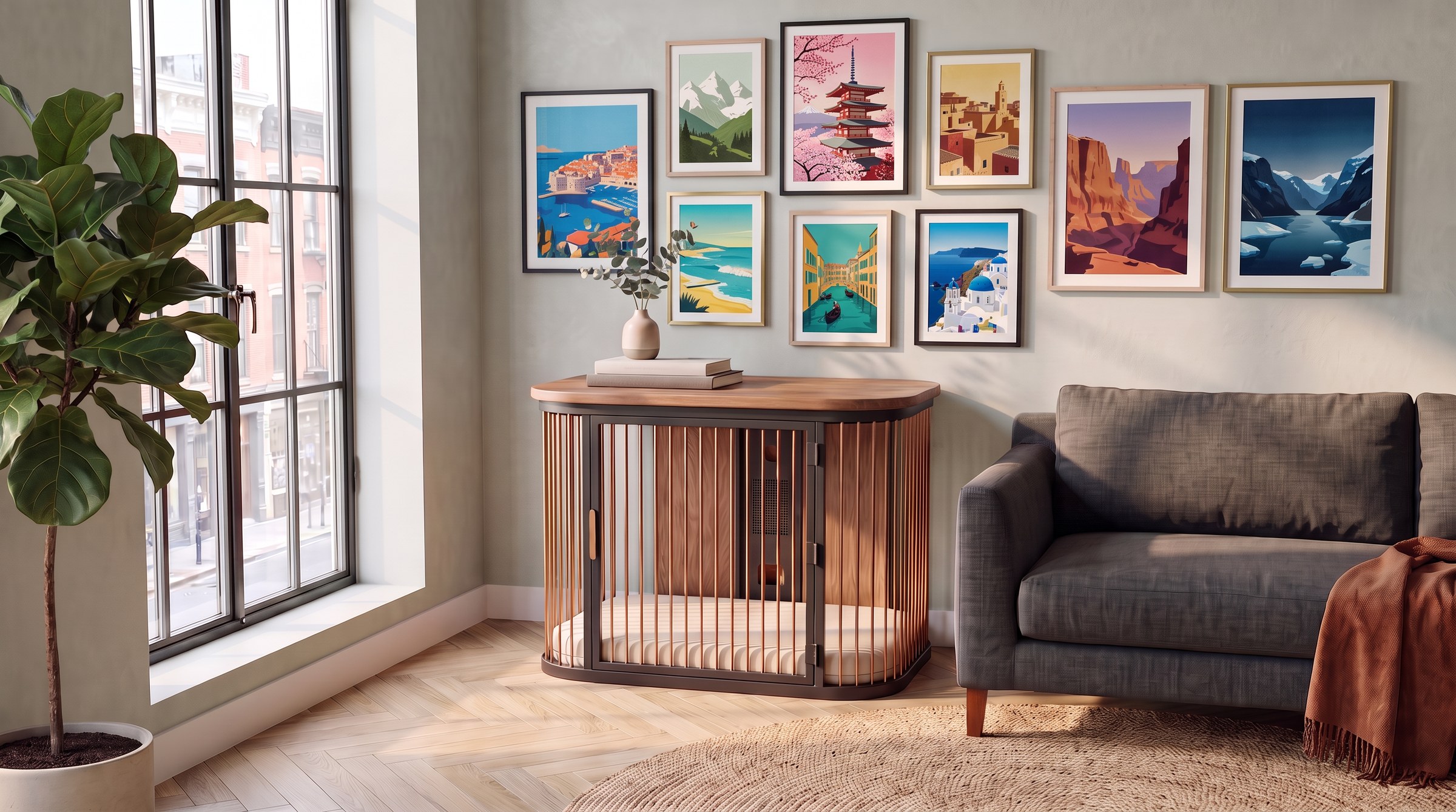 Koja used as a side table beside the sofa, under a gallery wall of travel posters