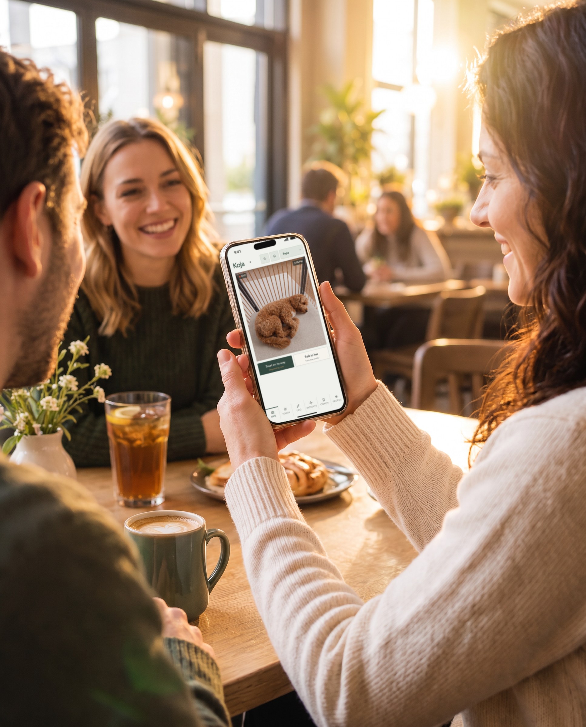 At a cafe with friends, a woman checks the live view of her dog in the Koja app as a treat is dispensed
