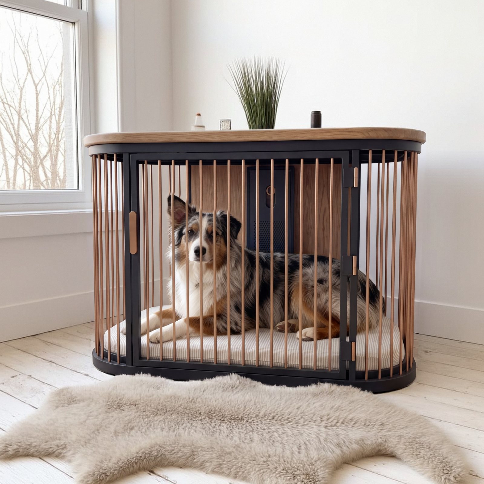 A australian shepherd inside Koja, bright loft