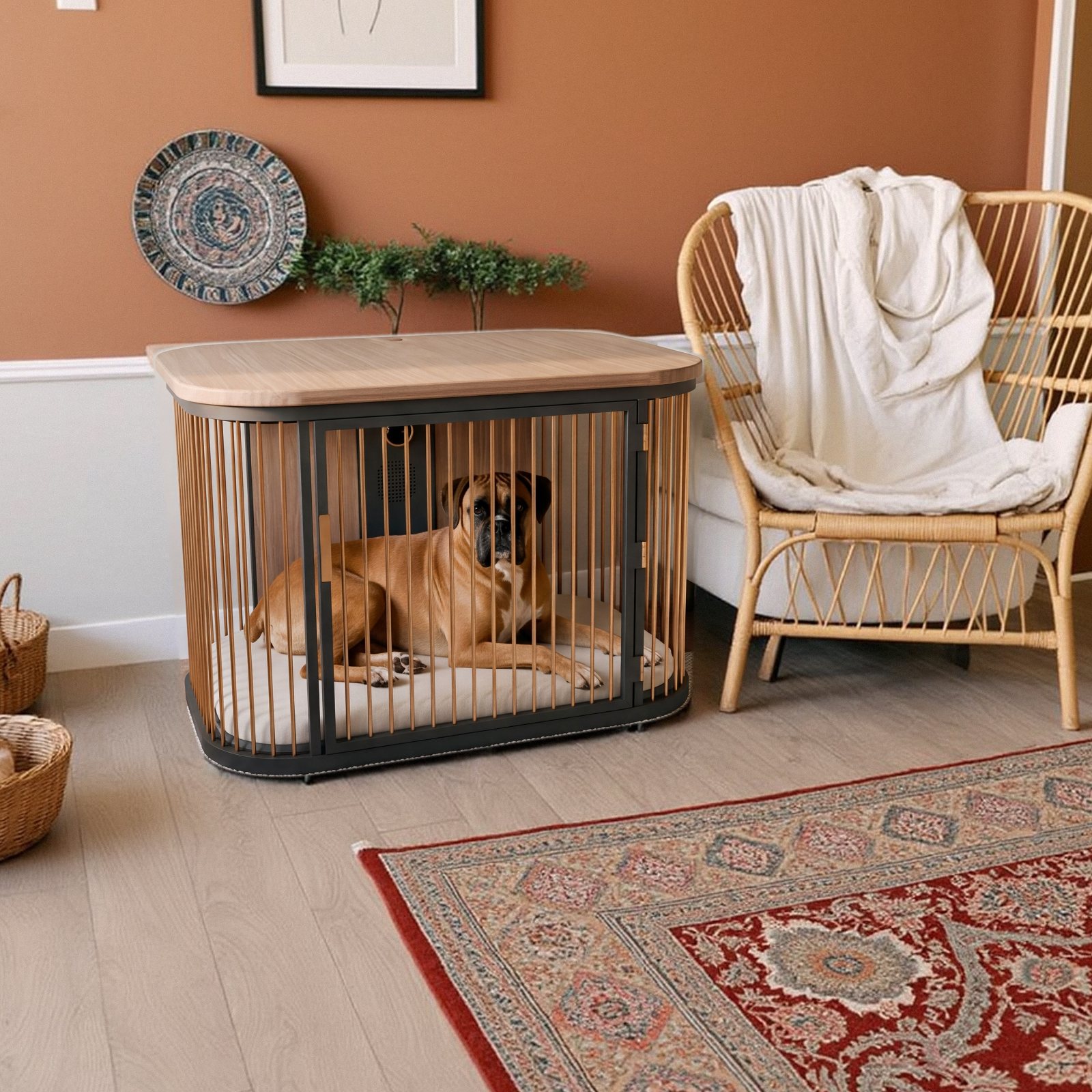 A boxer mix inside Koja in a terracotta family room
