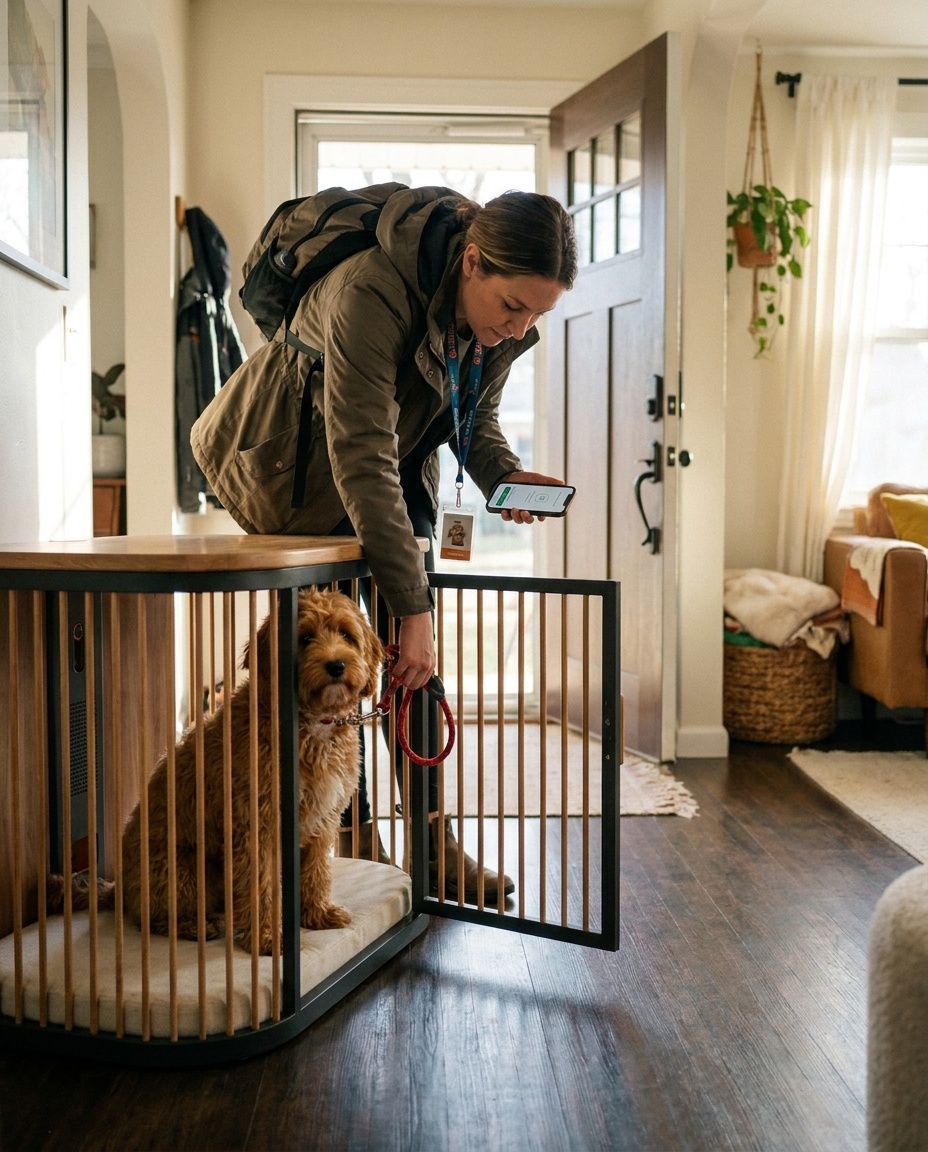 A dog walker with a lanyard and leash checks her phone at Koja’s open door as the golden doodle she is caring for sits inside