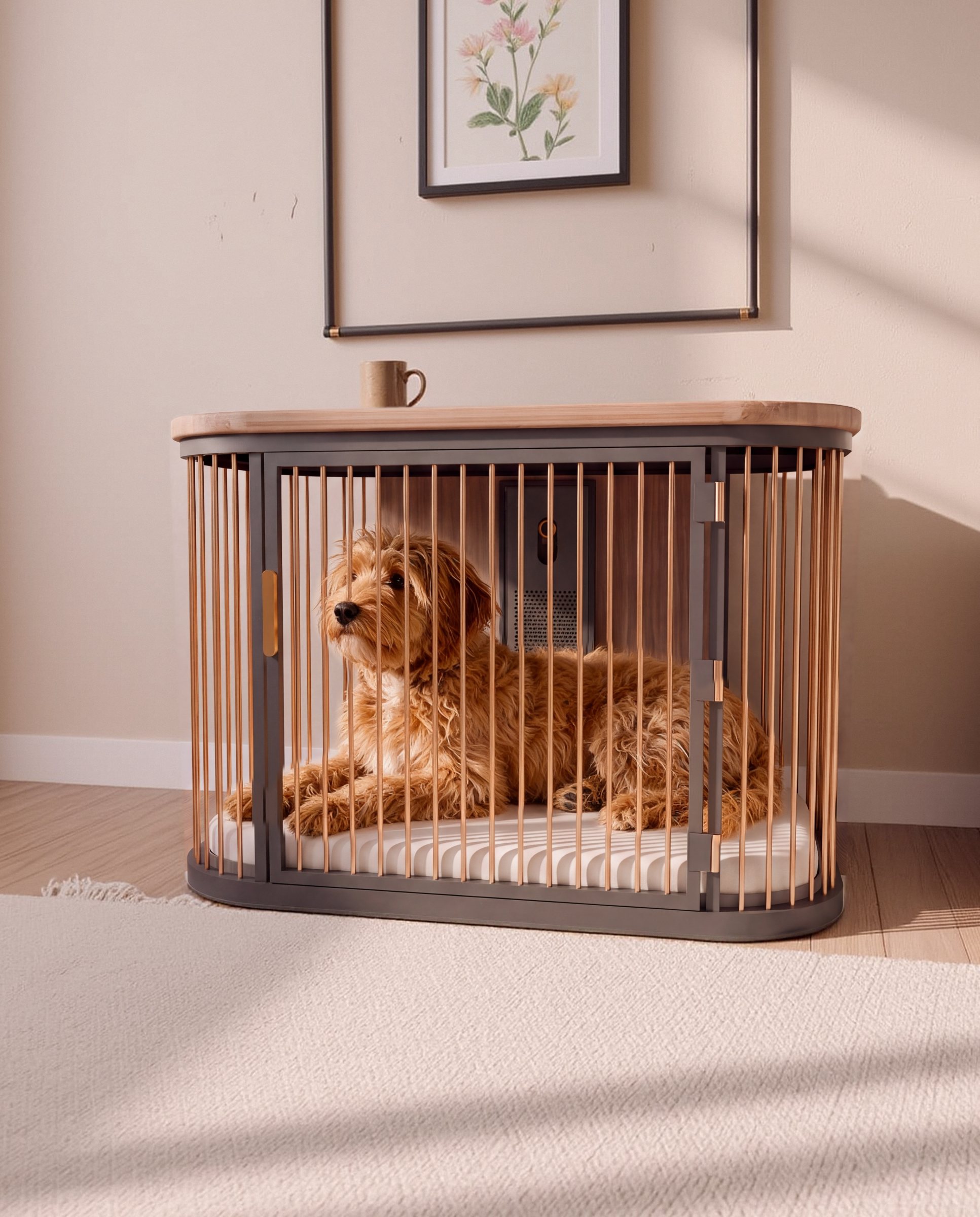 Peanut, an apricot doodle, lifts her head at the doorbell but stays settled inside Koja